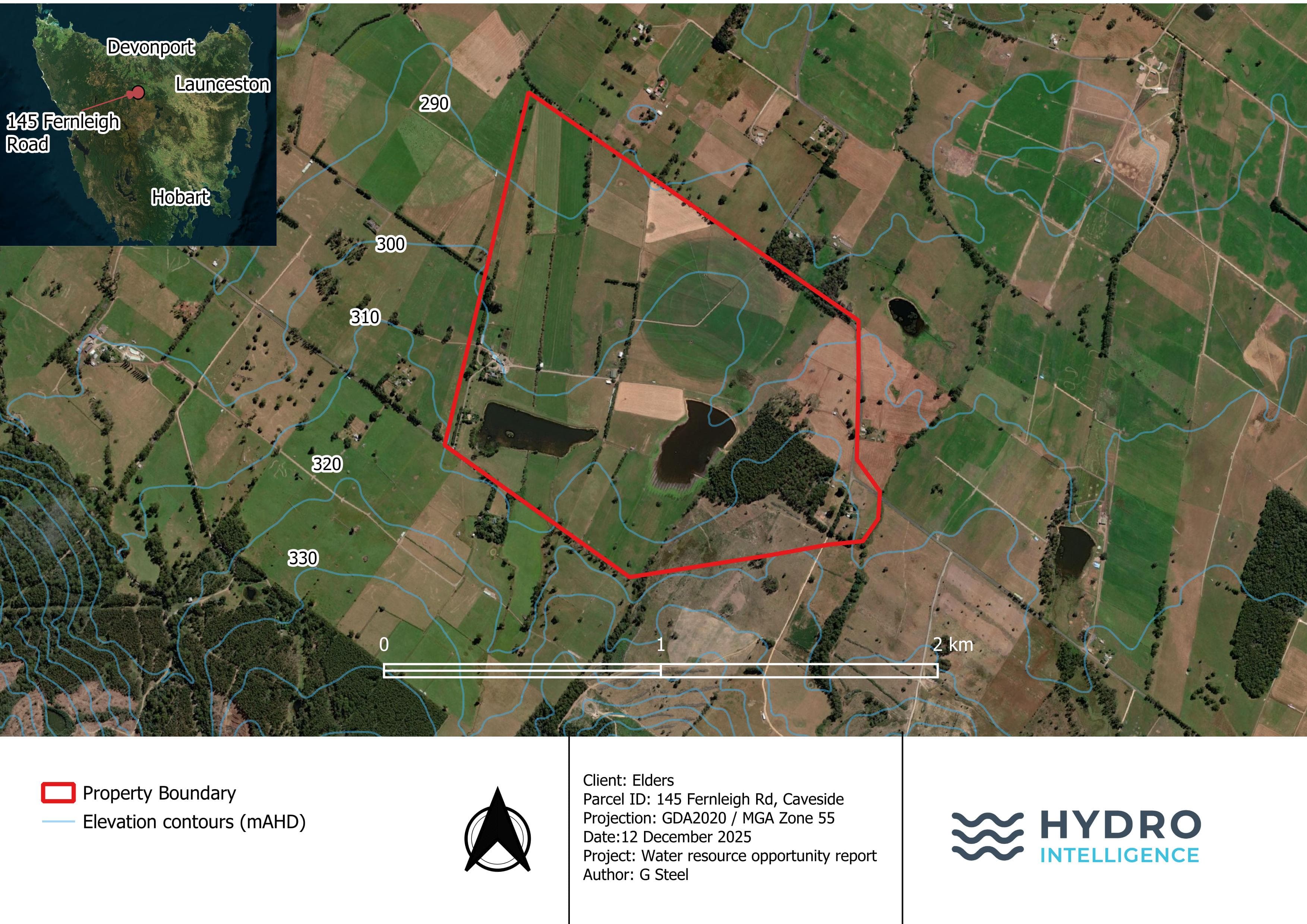 Aerial view of 145 Fernleigh Rd, Caveside with property boundary